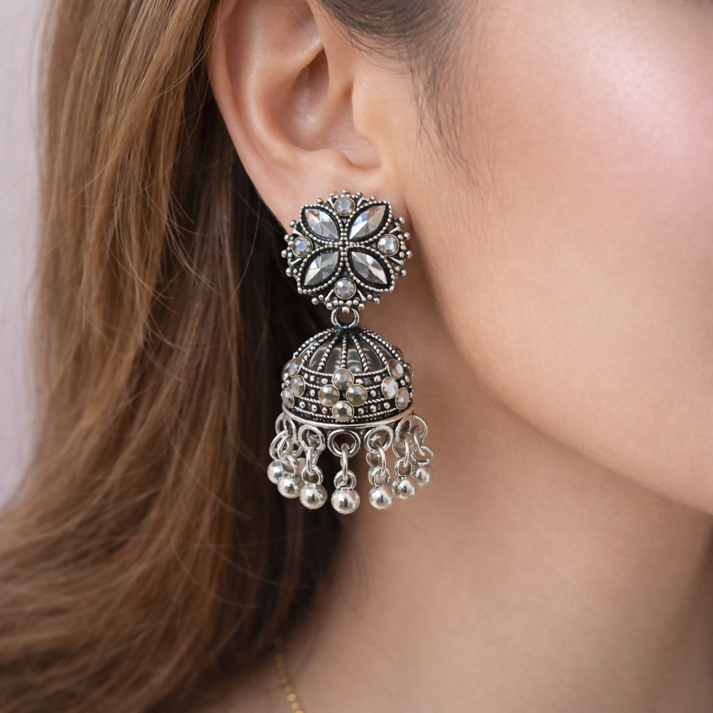 ELEGANT TRADITIONAL SILVER OXIDISE JHUMKA EARRINGS