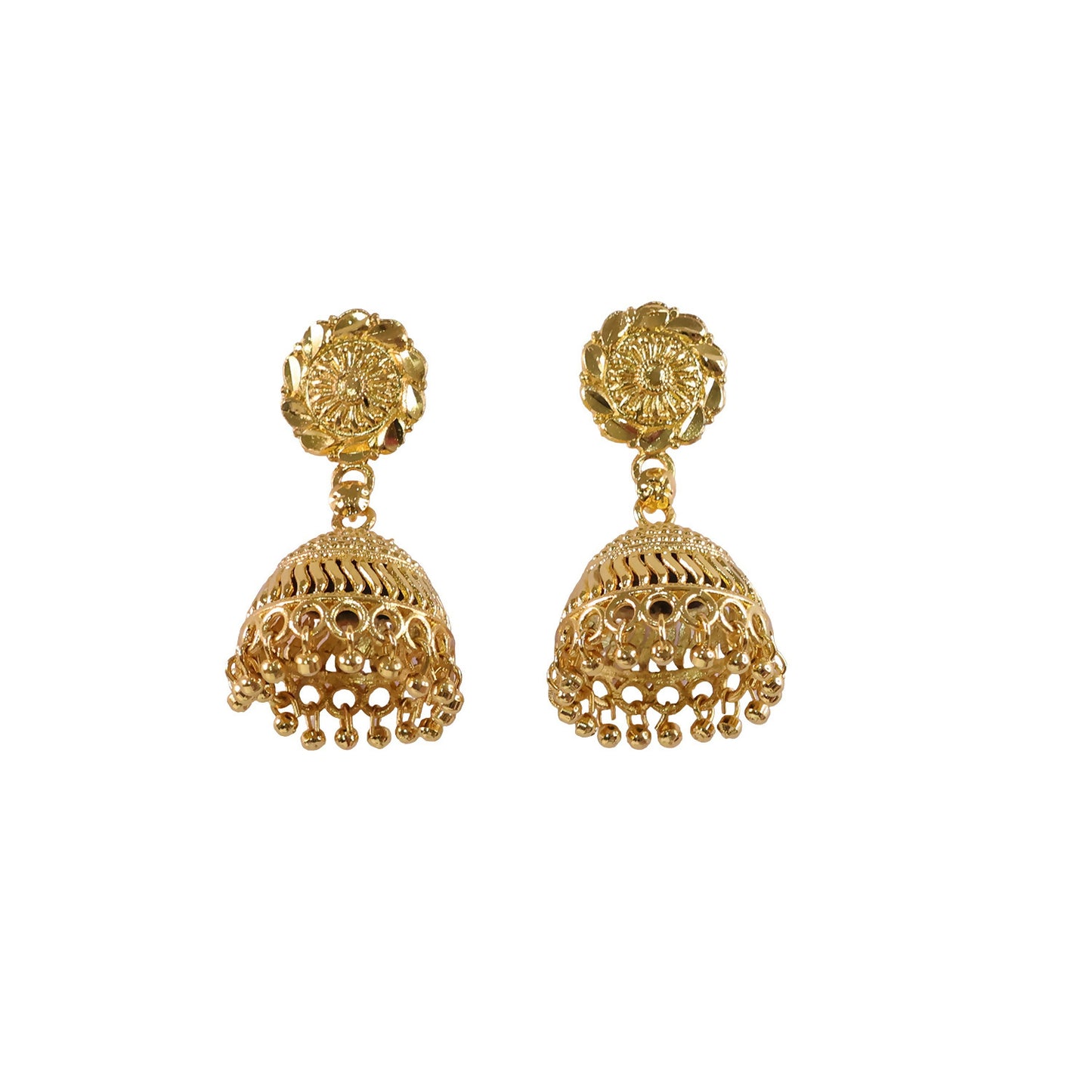 Side view of gold plated jhumka earrings with decorative beads