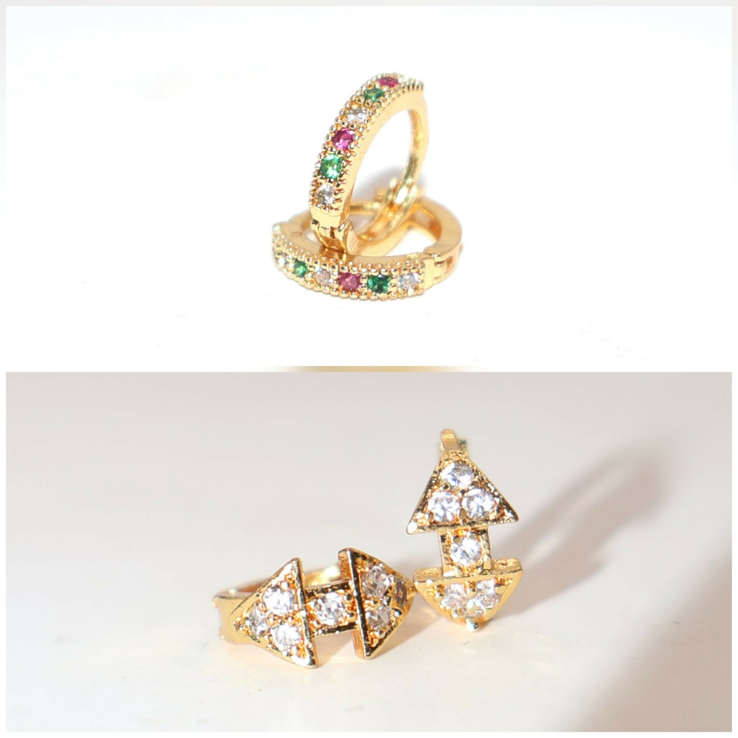 Set of two gold plated huggie hoop earrings displayed on black background