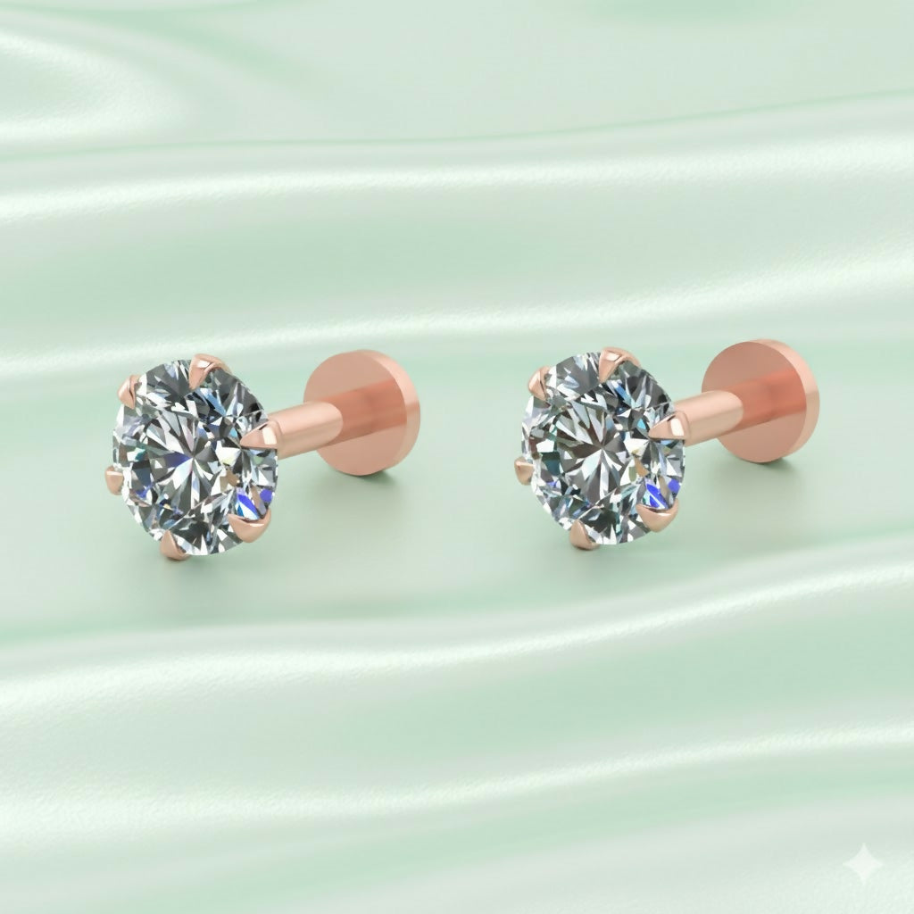 Rose Gold plated AD Flat Back Stud Earrings Internally Threaded for women and girls Combo Pack of 2