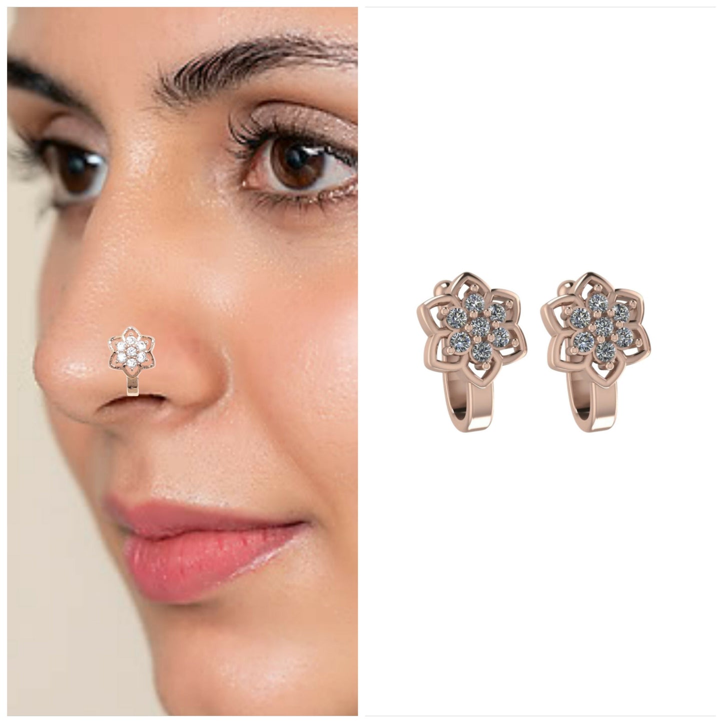 2Pc Non-Piercing Nose Ring Set Floral & Cuff Gold Silver AD