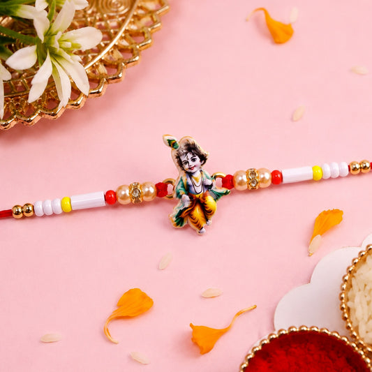 Front view of Krishna Idol Beads Rakhi with traditional design for Raksha Bandhan