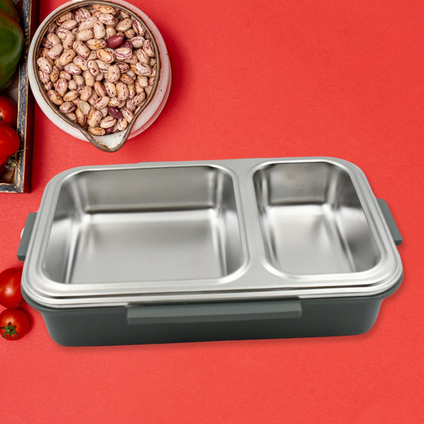 Customize Miracle Quick Lock Leak Proof 2 Compartment Stainless Steel LUNCH BOX Inner Plate Reusable Microwave Freezer Safe Lunch Box Trendy Thermal Insulation Leak Proof for Office Vacuum Tiffin Box for Boys / Girls / School / Office Women and Men