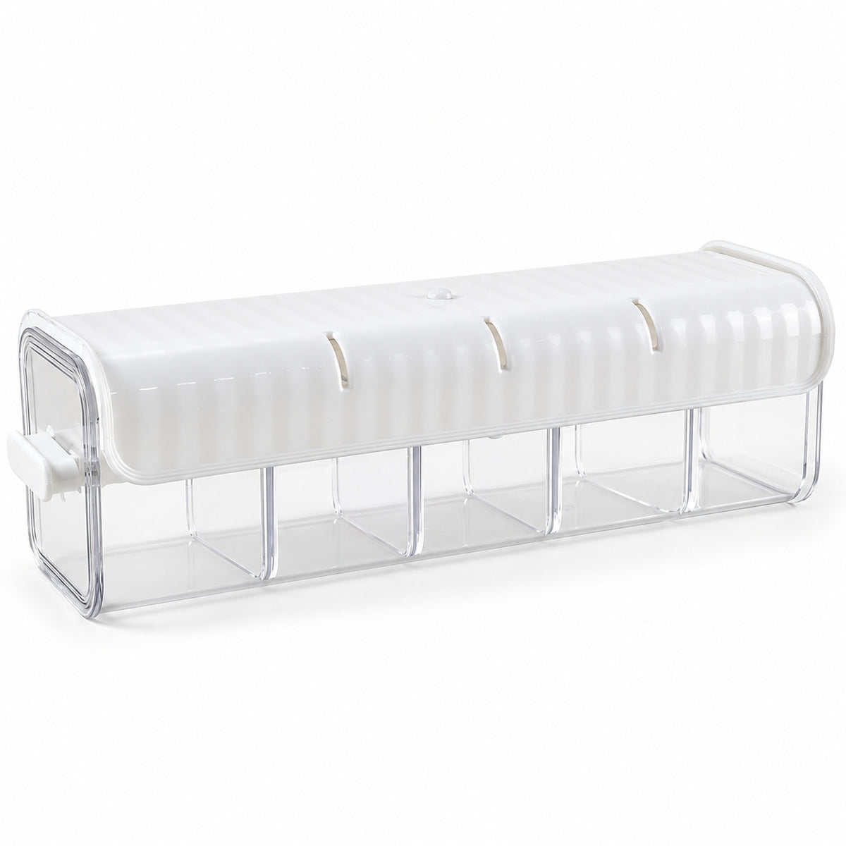 A white and clear plastic organizer with five empty compartments is shown against a plain white background.