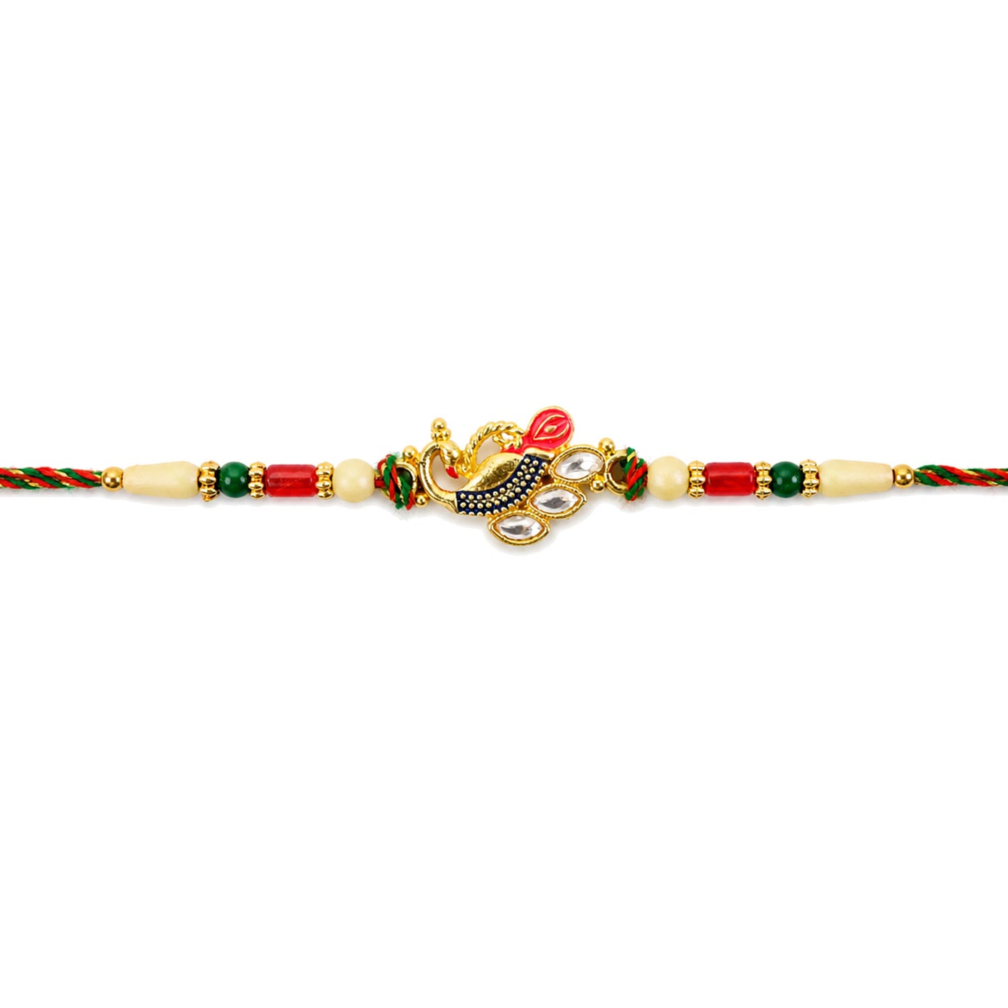 Diamond Shaped Kundan Pendant Rakhi with Peacock Feather Accent