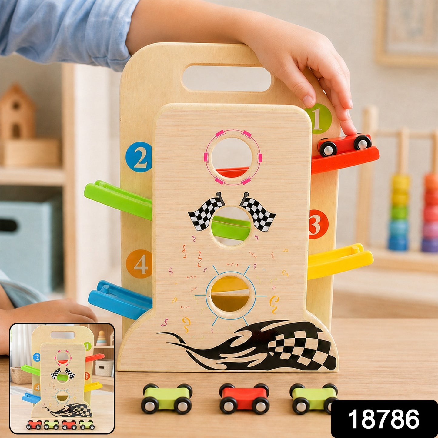 A child's hands place a red toy car on top of a wooden ramp racer with colorful tracks, with product code 18786.