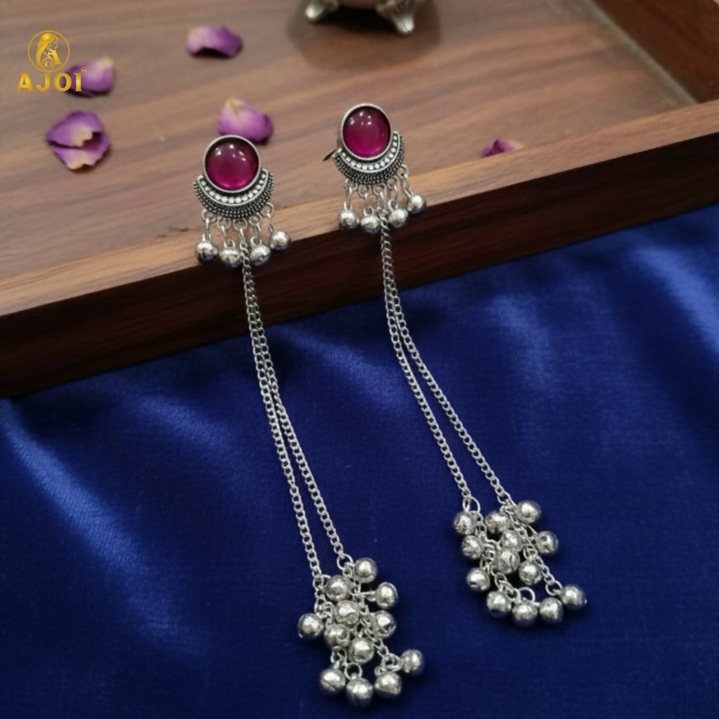 Ethnic Round Design Silver Plated Long Earrings with Ghungroo Drops