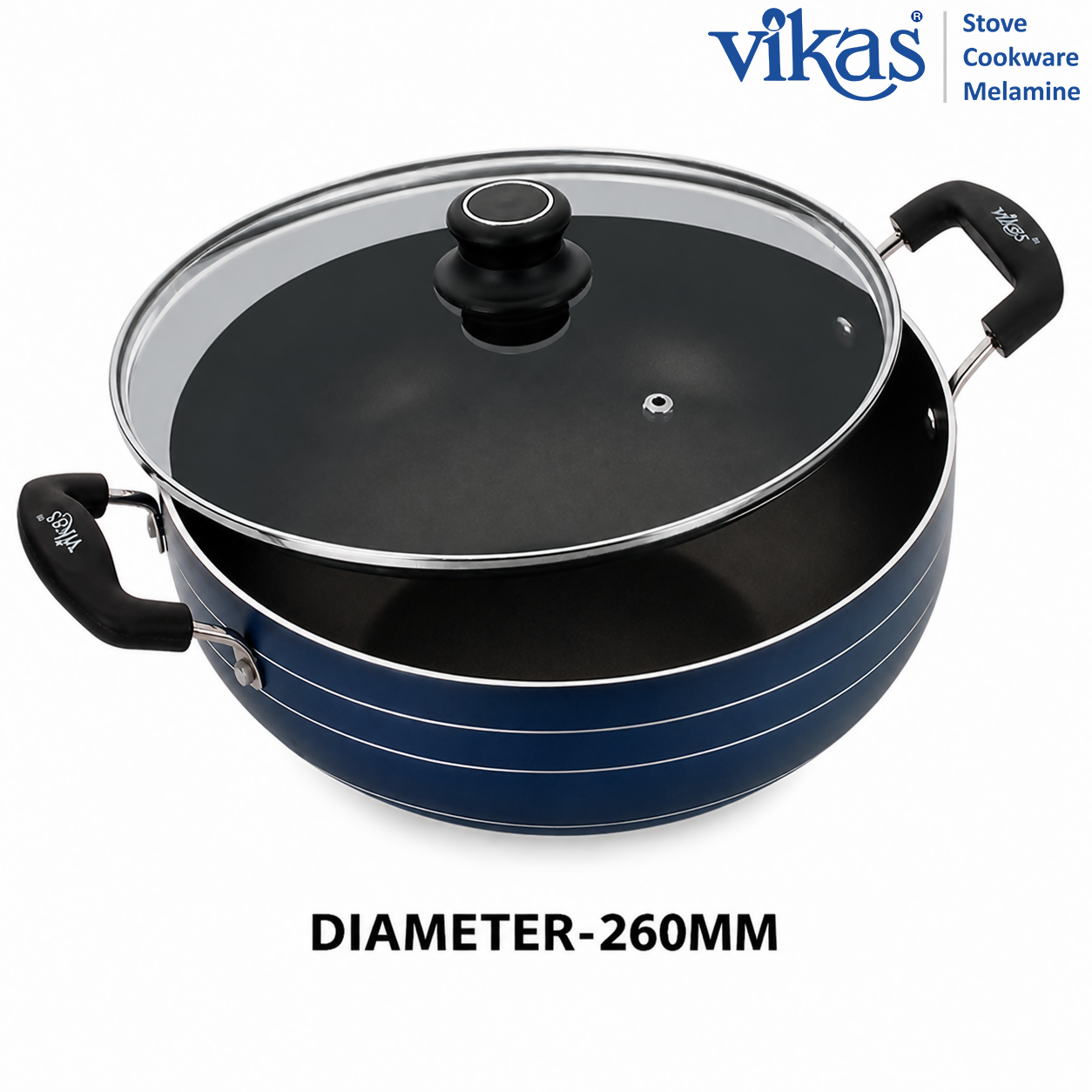 Close-up of ergonomic Bakelite handle of VIKAS Deep Kadai