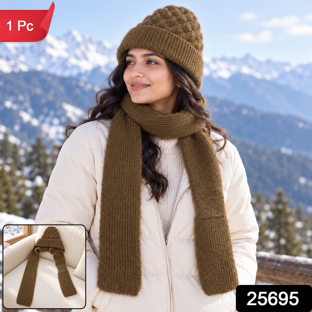 A woman wears a brown knitted cap and attached scarf in a snowy mountain scene, with a small inset showing the product.