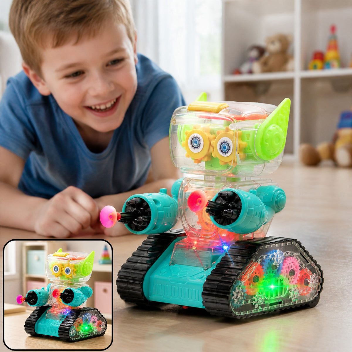 Transparent Gear Robot Car – Lights, Sound & Gears | Aditi
