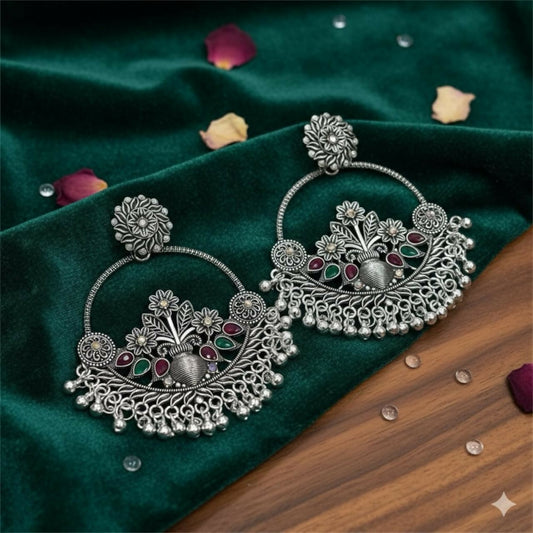 Oxidised Silver Floral Chandbali Earrings with Color Stone Detailing & Ghungroo Drops
