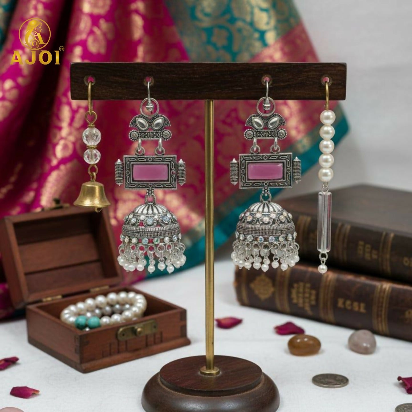 Royal Heirloom Oxidized Silver Jhumka Earrings with Blush Pink Stone, Intricate Hand-Engraved Motifs, Crystal Accents & Pearl Drop Fringe.