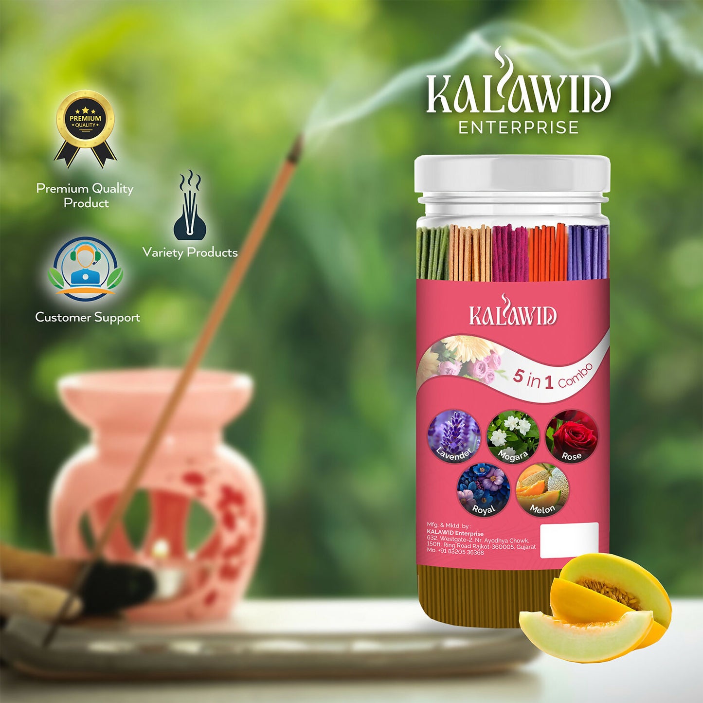 Premium Agarbatti 5 In 1 Combo with Lavender, Mogara, Rose, Royal, Melon Fragrances for Long Lasting Aroma (400 Gm)