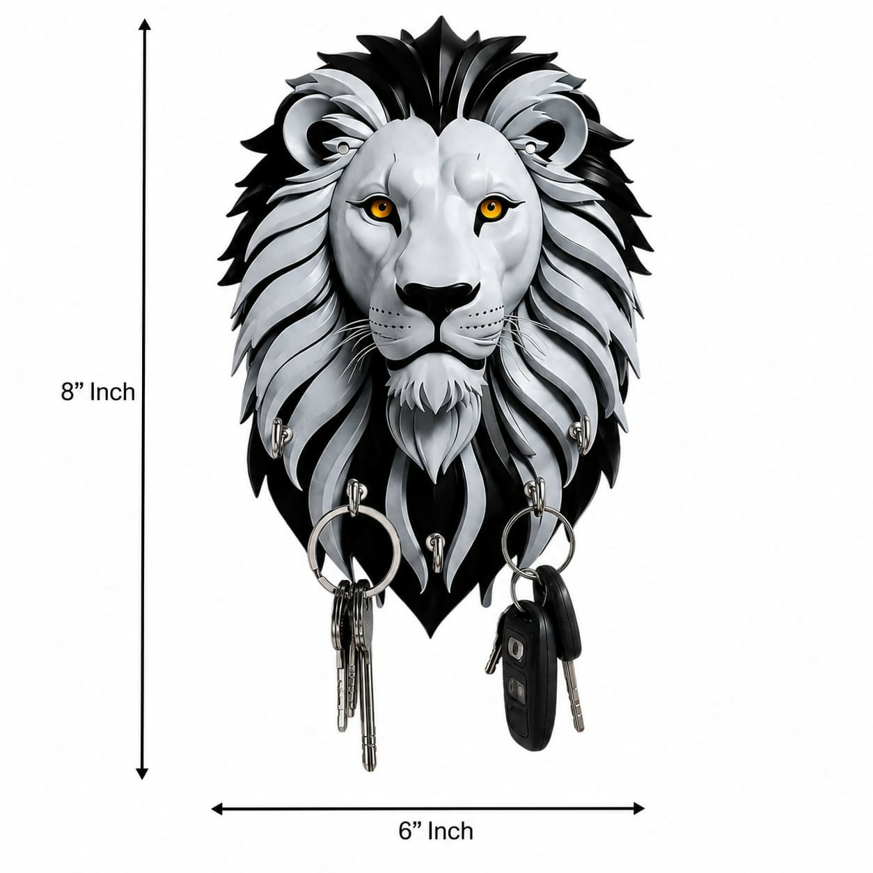 Lion face key holder with keys hanging on 5 hooks