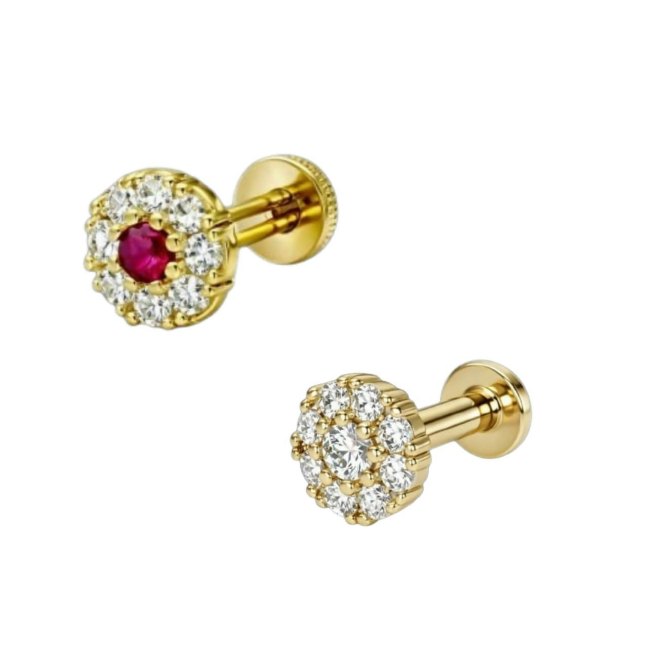 Flat-back of gold plated ruby floral halo nosepin stud ensuring comfortable wear