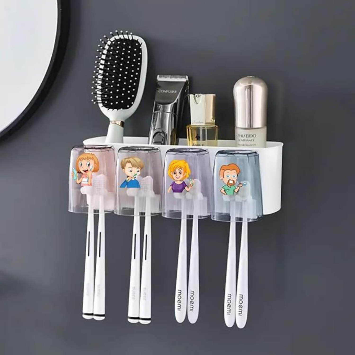 Toothbrush Holders & Storage Rack with 4 Cute Cartoon Cups