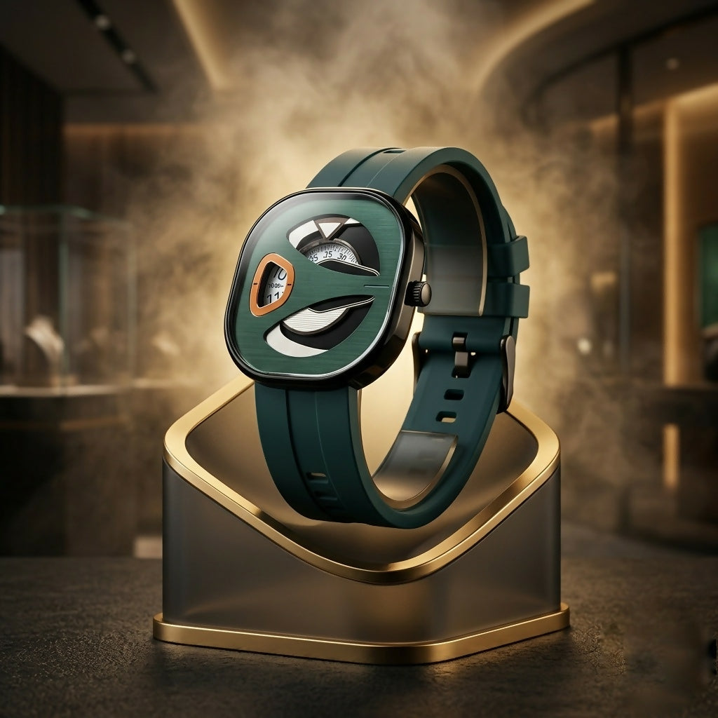 Green silicone strap watch with a unique disc dial, orange detail, and rounded square case on a display stand.