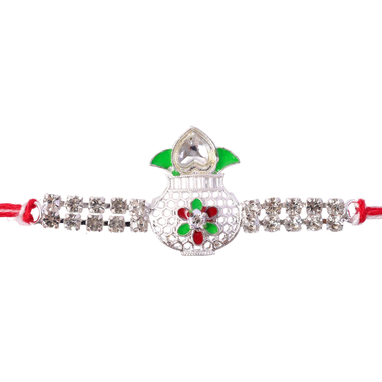 Premium Rakhi showcasing Kalash Charm, gold trims and thread style for Gift Styling
