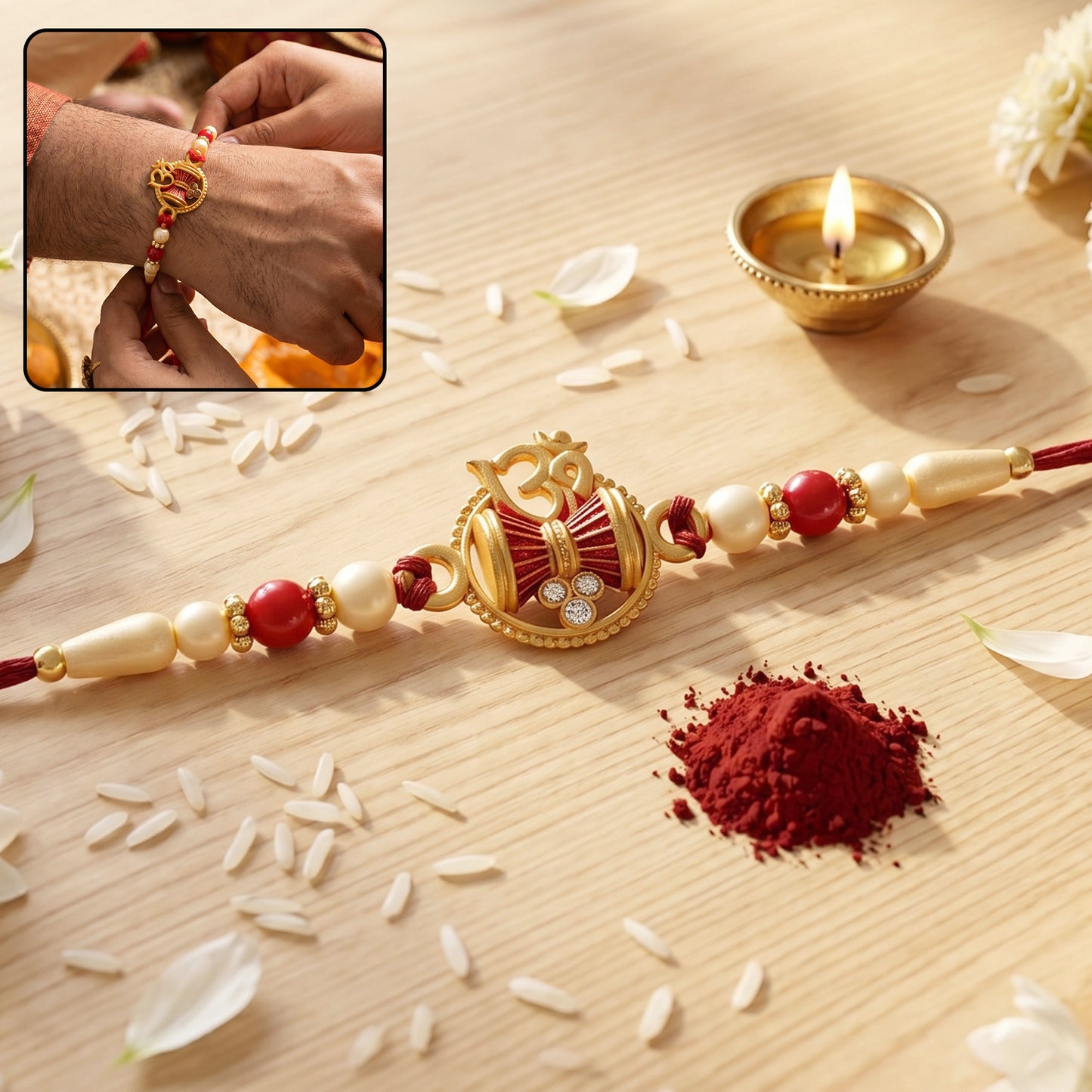Golden Damru Om Rakhi for Boys with Red and White Beads