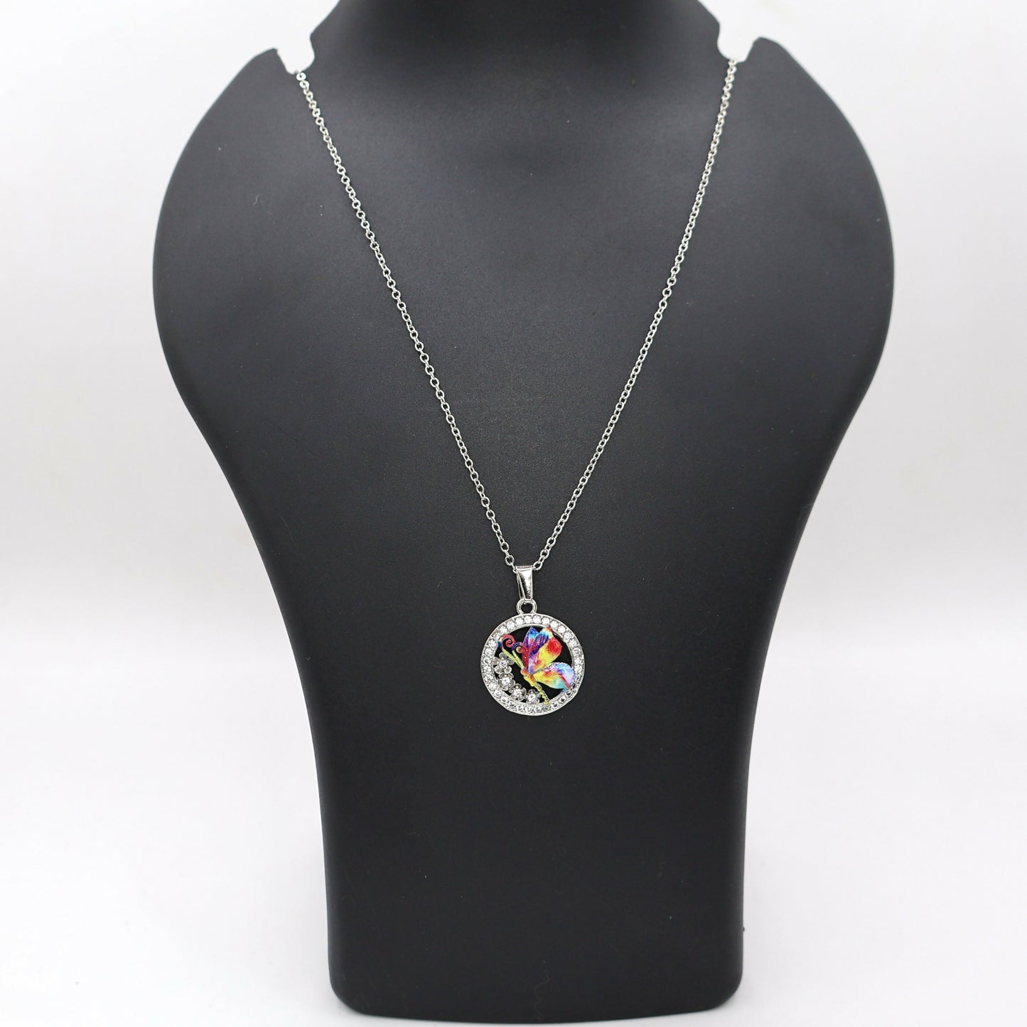 Rainbow Enamel Butterfly Circle AD Halo Pendant Necklace For women and girls