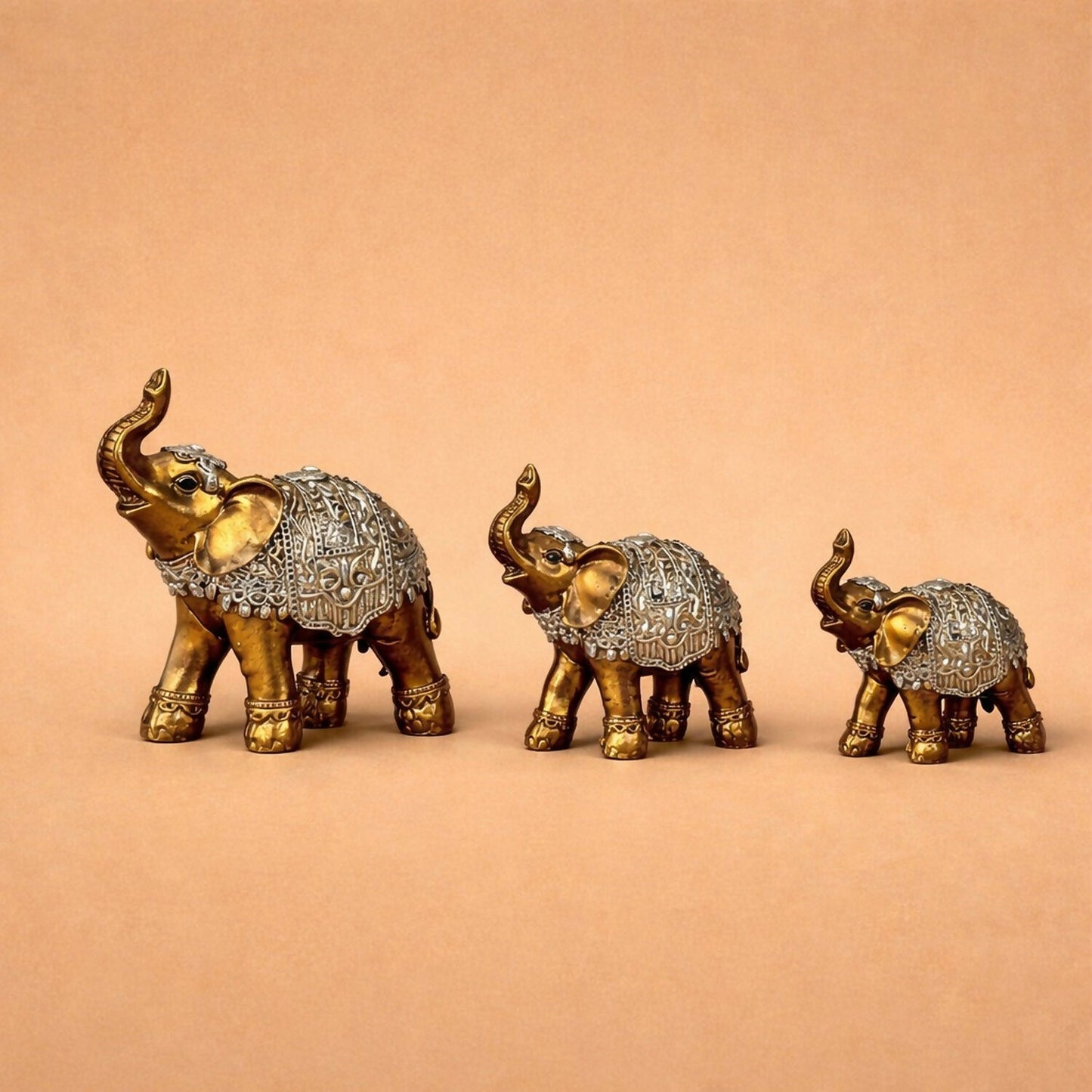 Gold Silver Elephant Family Showpiece Set for Home Décor & Gifting