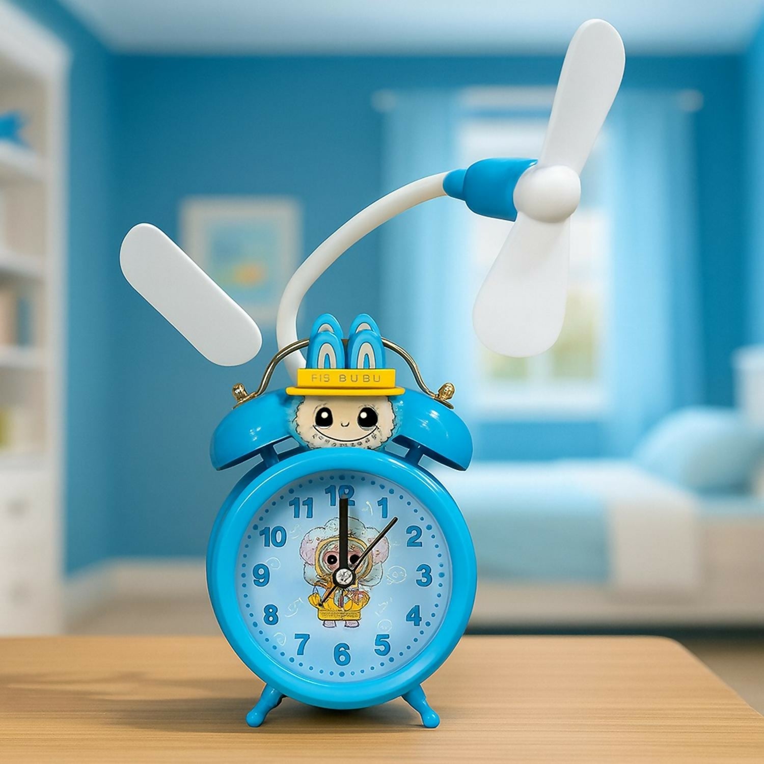 Cute Cartoon Character Alarm Clock with Cooling Fan | Dual Bell Retro Kids Table Clock | Loud Alarm, Battery Operated, Decorative Bedside Clock for Study, Bedroom & Gifts – Blue
