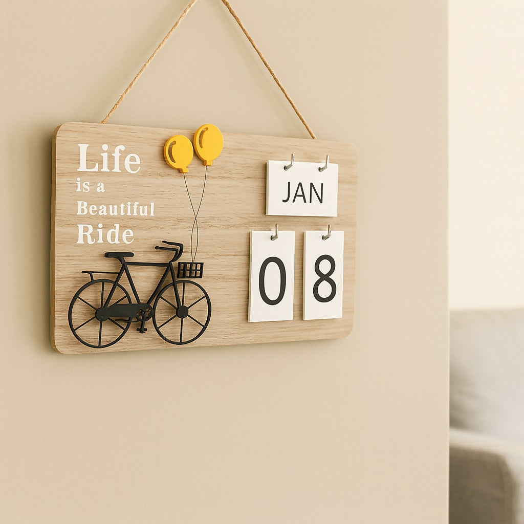 Rustic Wooden Wall Hanging Perpetual Calendar with “Life is a Beautiful Ride” Bicycle Design – Decorative Reusable Date and Month Flip Calendar for Home, Office & Café Wall Décor