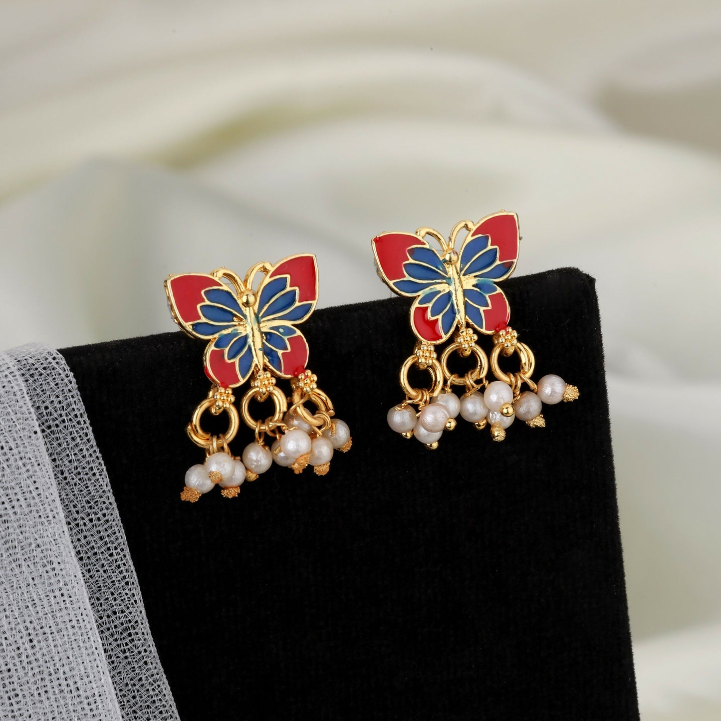 Vibrant Red & Blue Enamel Butterfly Choker Set with Pearl Drops