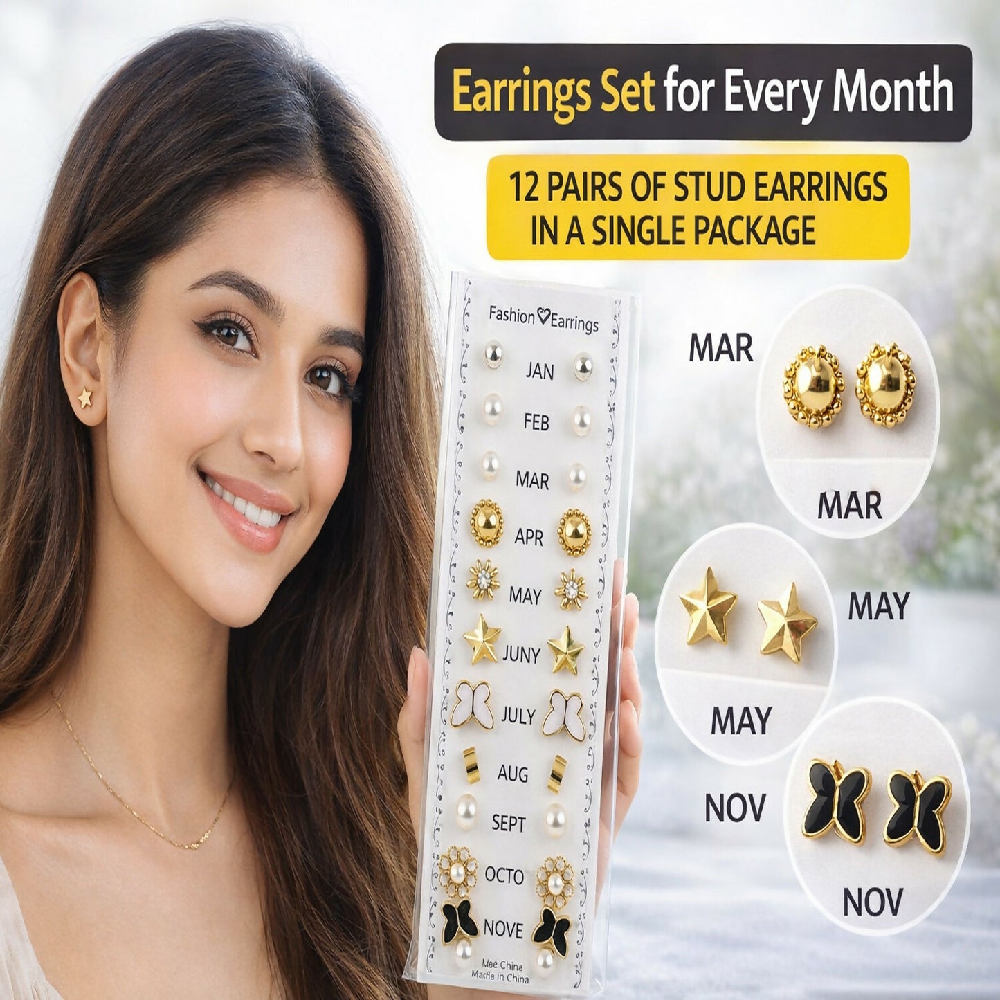 Gold and silver tone earrings arranged by month in the set