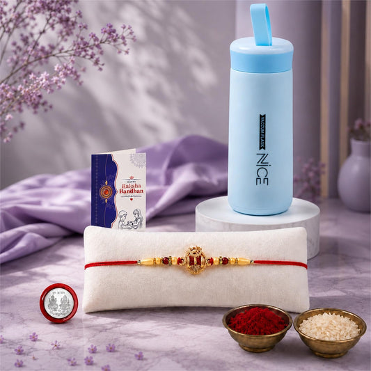 OM Damru Rakhi Combo set for Raksha Bandhan with a 400ml kids water bottle and puja essentials