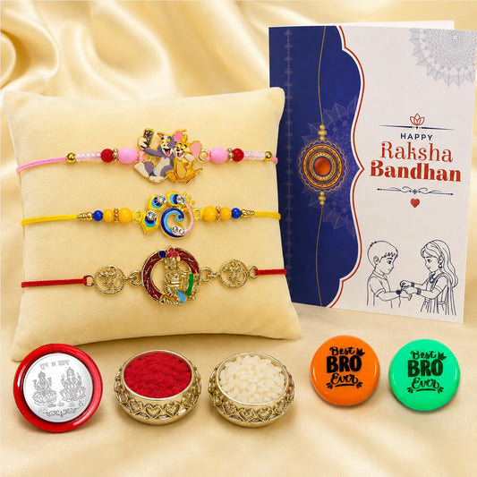 Multicolor cartoon rakhi gift combo set for Raksha Bandhan.