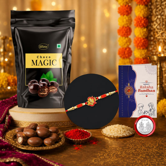 Traditional Rakhi with chocolate for brother in a complete Raksha Bandhan combo pack.