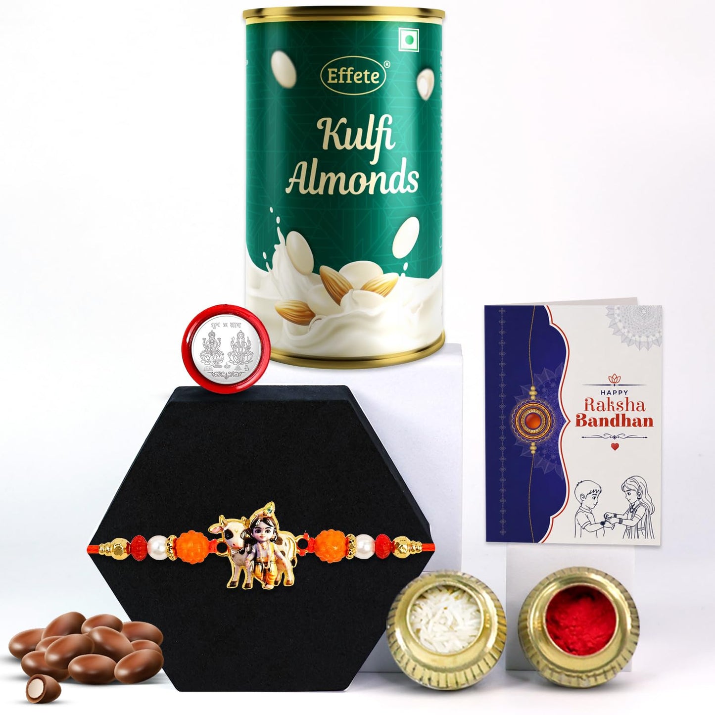 Rakhi with Chocolate for Brother – Raksha Bandhan Combo with Rakhi, Chocolate, Roli Chawal, Silver Color Coin & Greeting Card for Brother – Traditional Festival Celebration Set (Pack of 5)