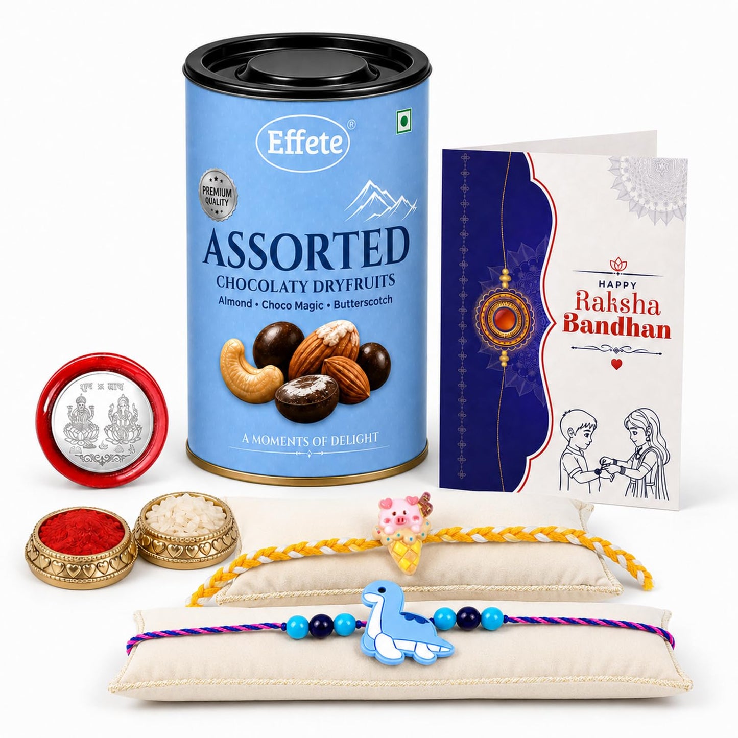 Dinosaur Rakhi for Brother with Choco Dryfruits 96gm, Coin & Card, Pack of 6