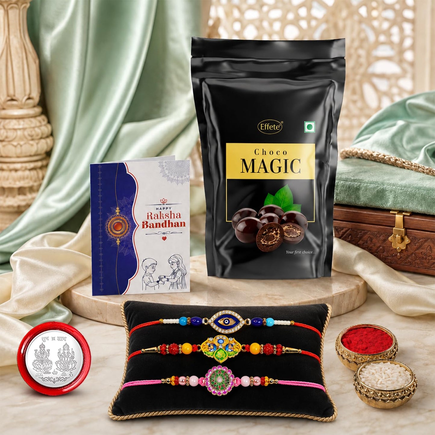 Evil Eye Rakhi Combo - Raksha Bandhan Gift with Choco Magic Standy Pouch, Pack of 7