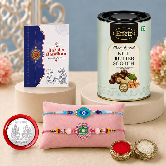 Evil Eye Rakhi Combo with chocolate, roli chawal, and pooja coin