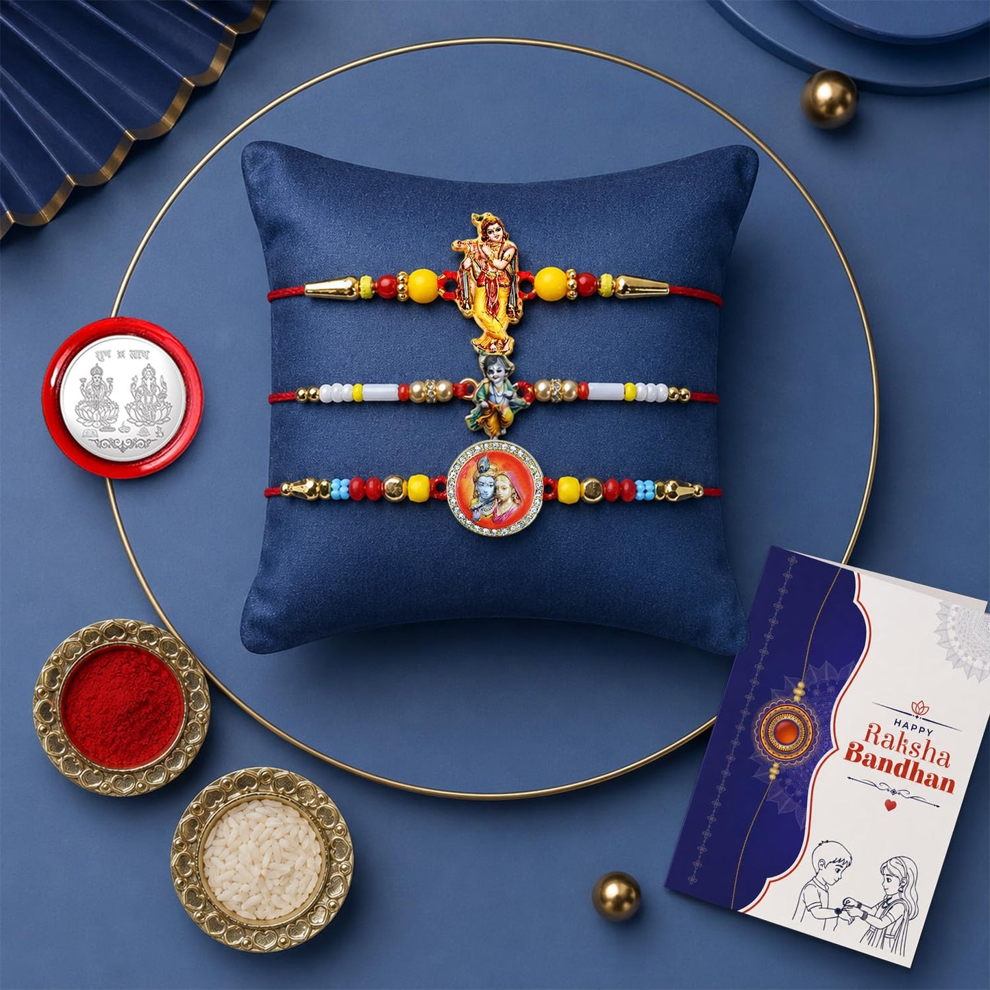Krishna Beads Rakhi for Brother with Tilak Set & Greeting Card, Rakhi Set (V10)