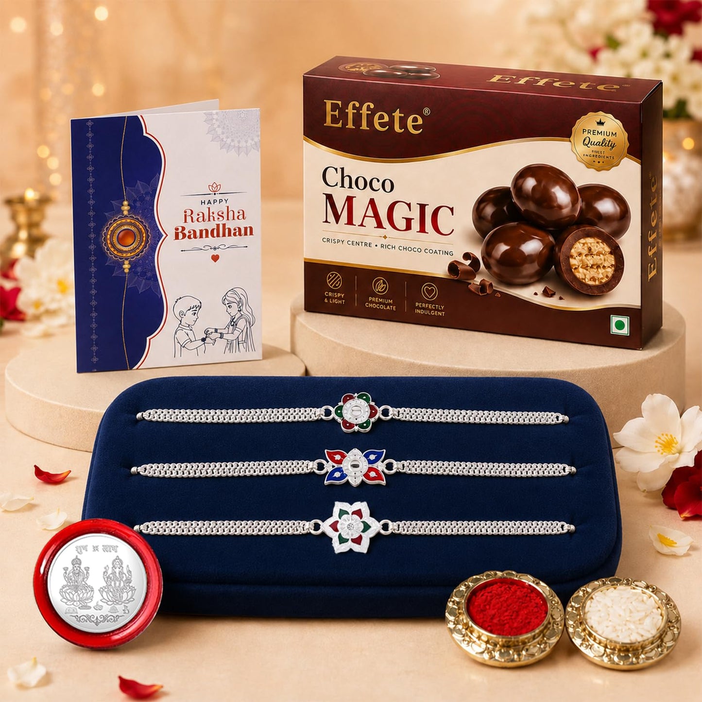 Flower Rakhi for Brother with Chocolate Magic 96gm, Roli Tikka & Card | Pack of 7