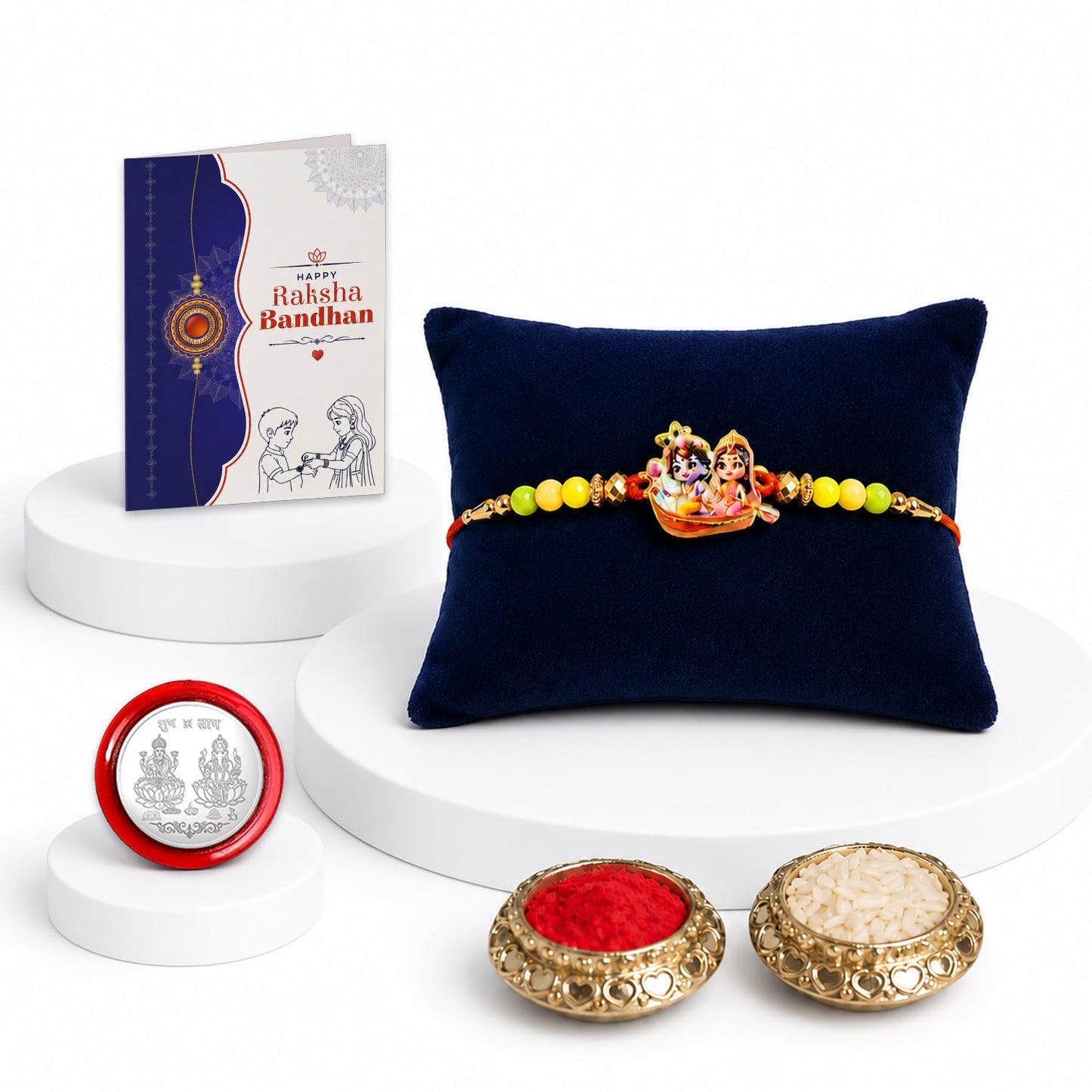 Krishna Beads Rakhi for Brother with Tilak Set, Pooja Coin & Card, Rakhi Set (V4)