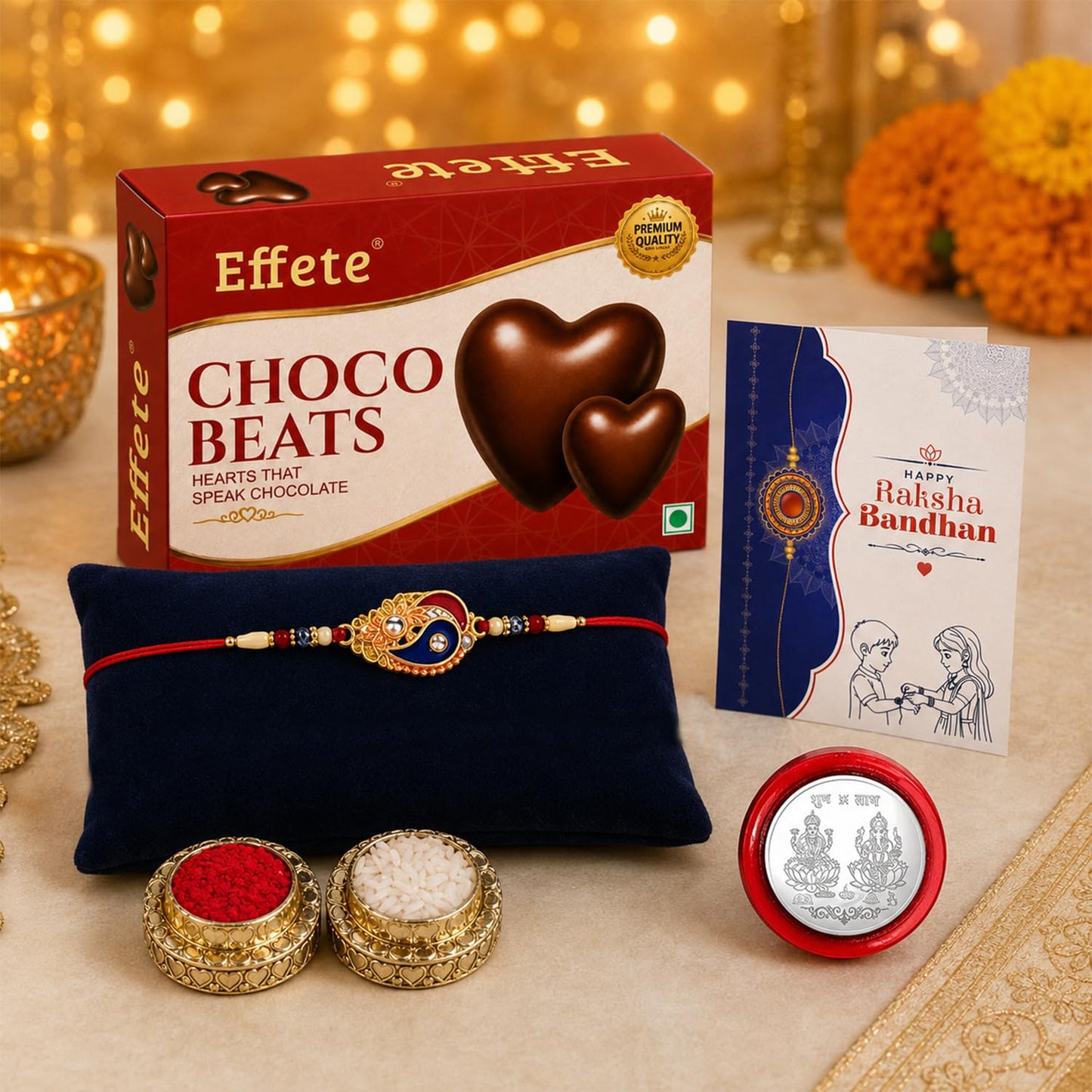 Leaf Rakhi for Brother with Chocolate Beats 32gm, Roli Tikka & Card, Pack of 5