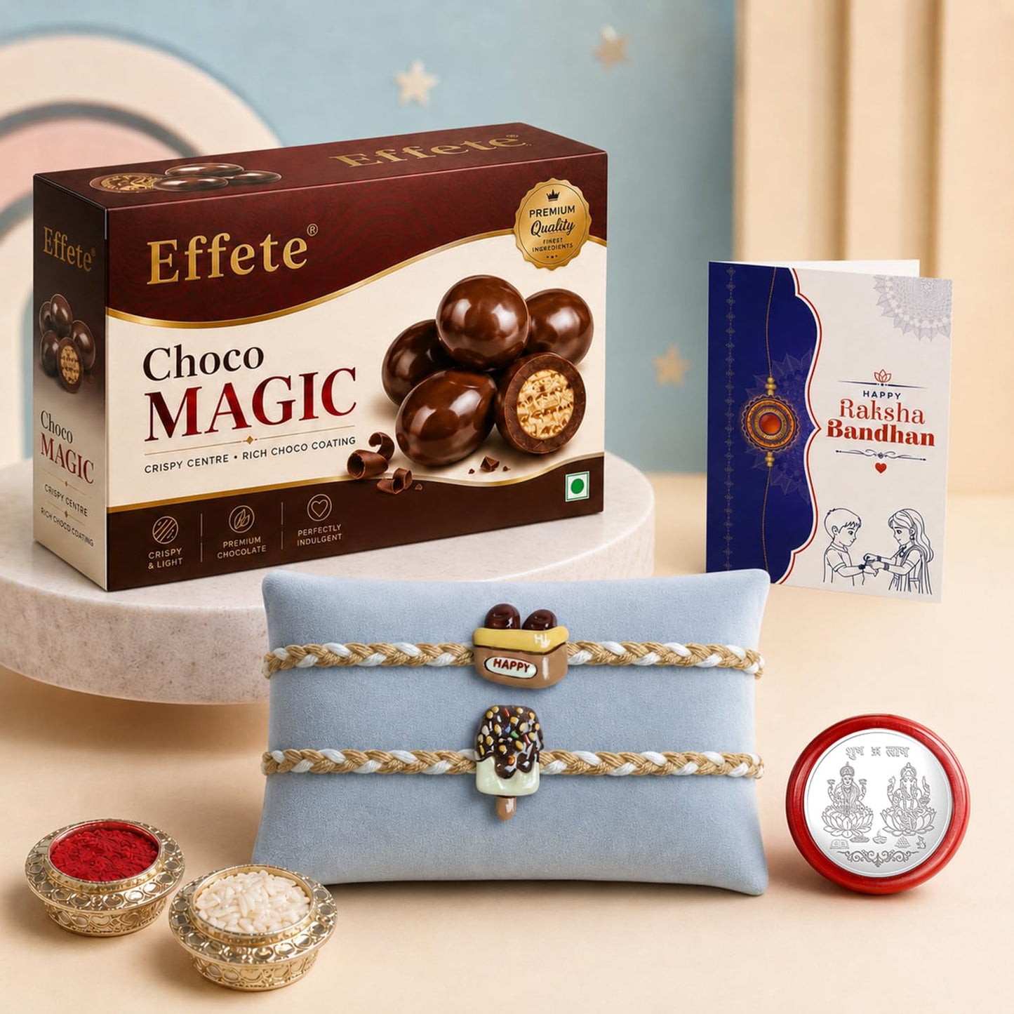 Happy Rakhi for Brother with Chocolate Magic 96gm, Roli Tikka & Card, Pack of 6