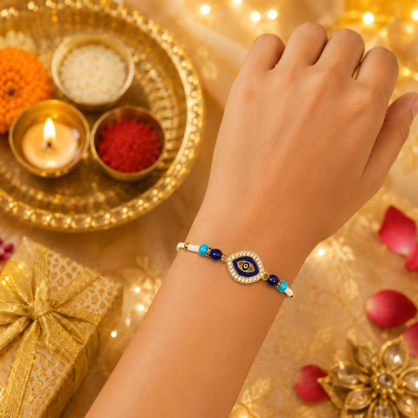 Designer Elegant Handcrafted Rakhi for Brother with Roli Tikka & Card - Pack of 5