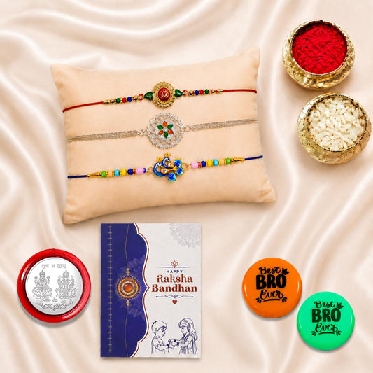 Raksha Bandhan Gift Combo for brother with rakhi and fridge magnets.