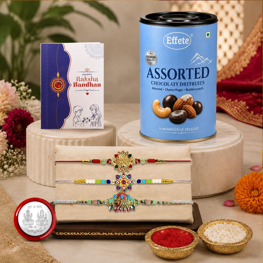Rakhi Set for Brother featuring an elephant design rakhi and chocolates.