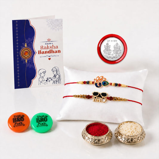 Rakhi Set for Brother featuring Peahen and BRO style rakhis with roli chawal and a silver coin.