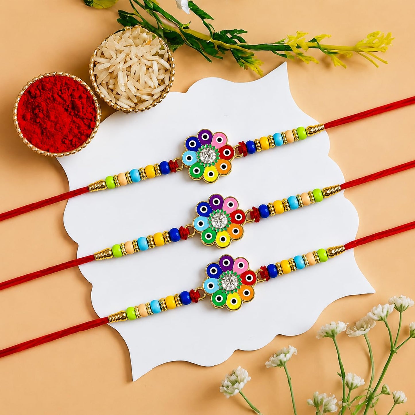 Designer Elegant Rakhi for Brother with Roli Tikka & Card, Pack of 3 | Trendy