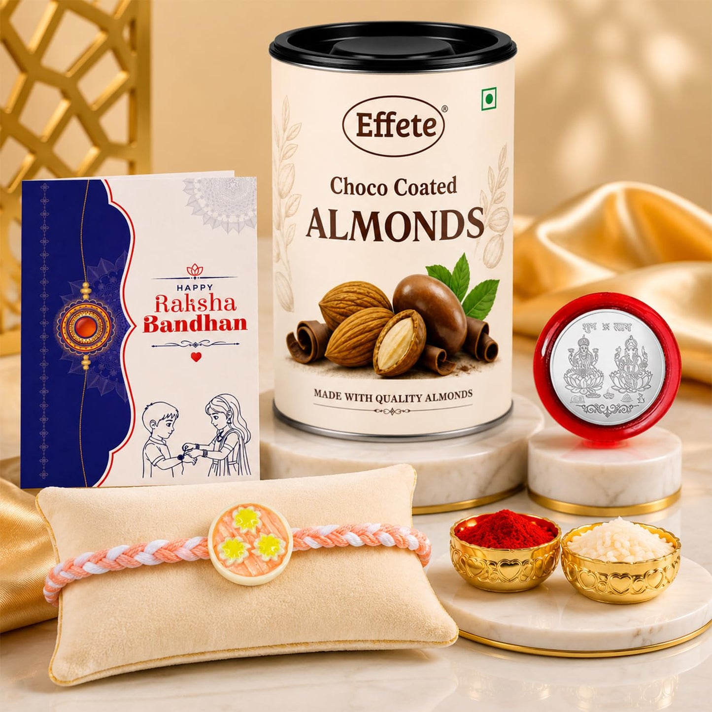 Star Charm Rakhi for Brother with Chocolate Almonds 96gm, Coin & Card, Pack of 5