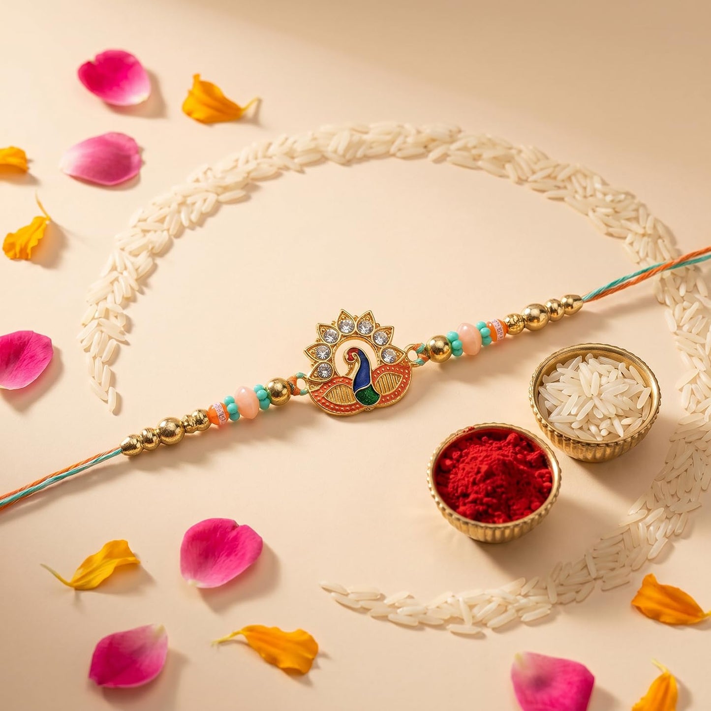 Om Rakhi for Brother with Pooja Thali, Roli Tikka, Pooja Coin & Card, Pack of 6