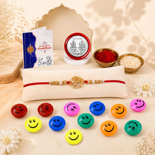 Rakhi gift combo for brother featuring OM design, roli chawal, pooja coin, and greeting card.