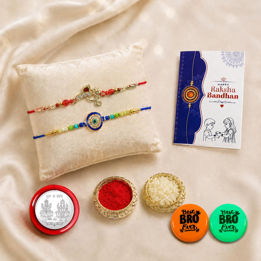 Multicolour Rakhi Combo for Brother featuring Ganesha charm, evil eye rakhi, magnets, roli chawal, coin.